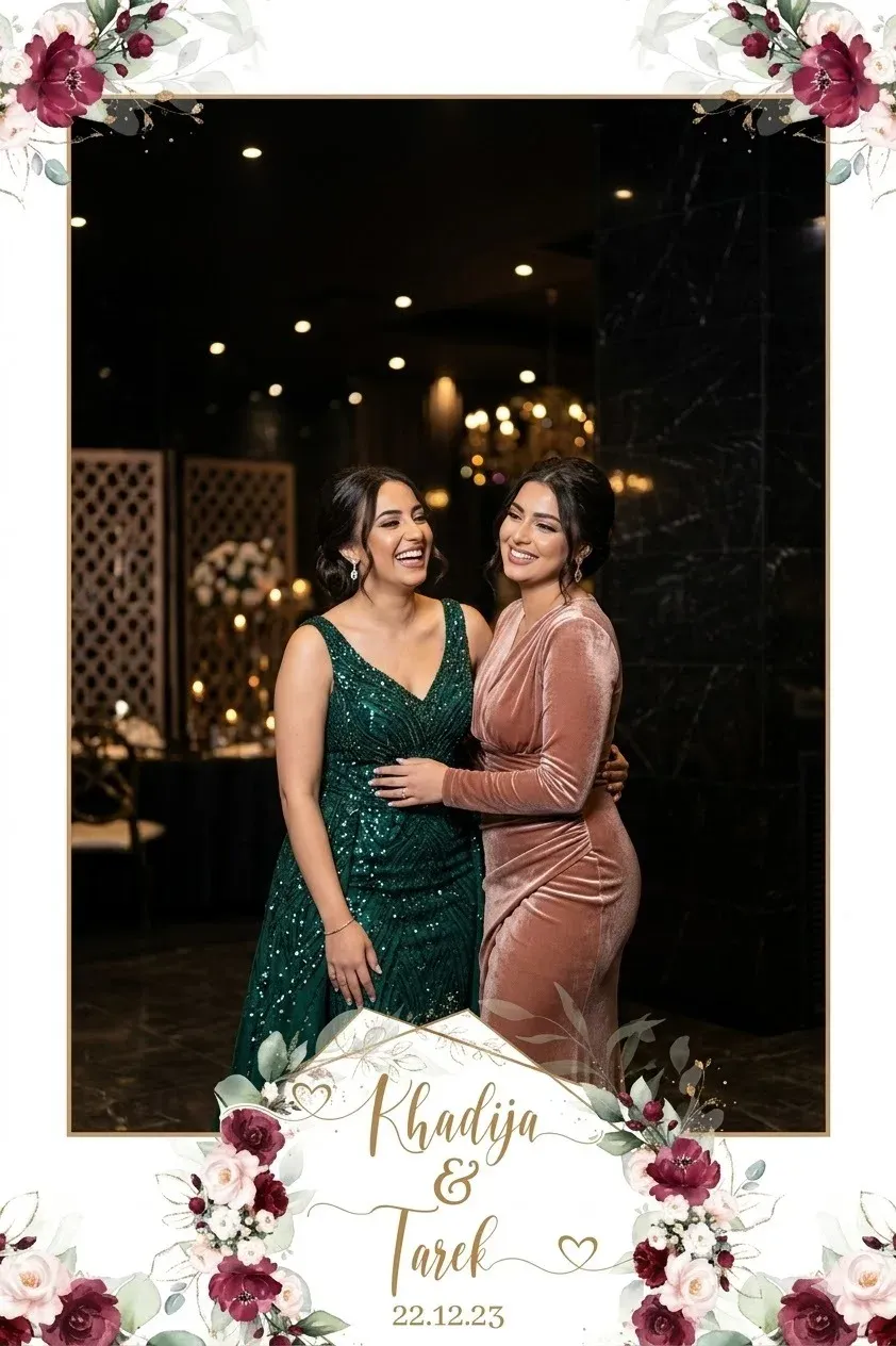 Deux amies en robes de soirée, rieuses, devant un décor de salle de réception