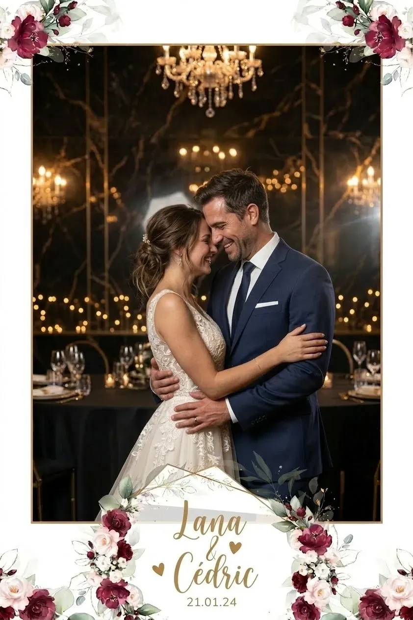 Couple de mariés enlacés devant un lustre en cristal et des tables dressées